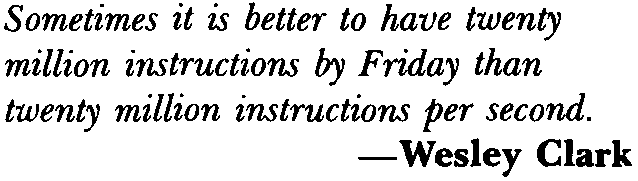 Quote: Sometimes it is better to have twenty million instructions
              by Friday than twenty million instructions per second.